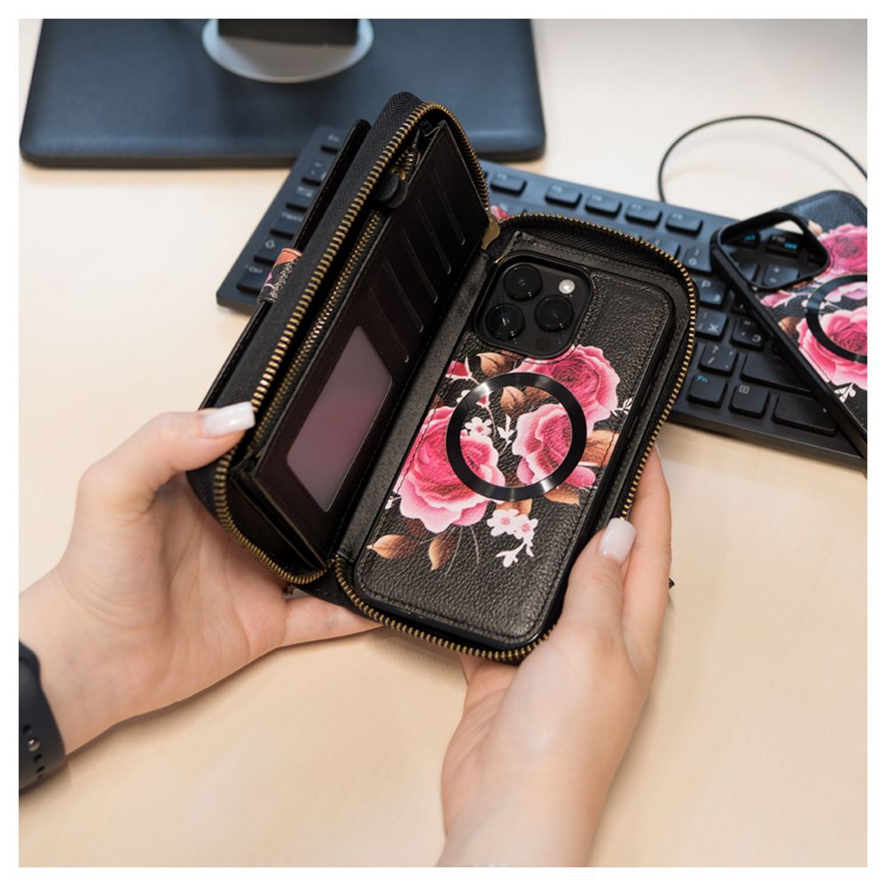 Back panel cover Evelatus Apple iPhone 14 Pro Max Leather Case Zipper Design Flower Black