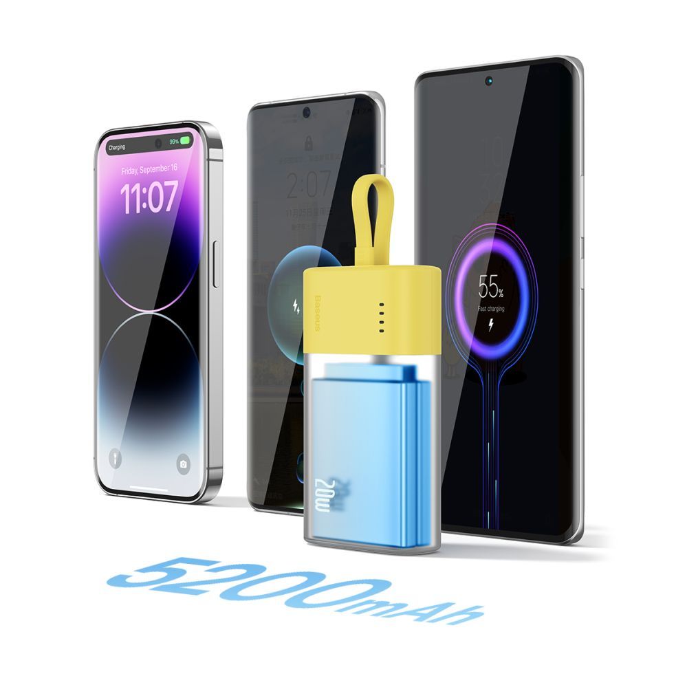 Внешний аккумулятор Baseus  Baseus Popsicle 5200mAh 20W Powerbank with Built-in Lightning Cable (+ White Baseus Simple USB-C - USB-C 60W/20V/3A/30cm Cable) - Yellow-Pink
