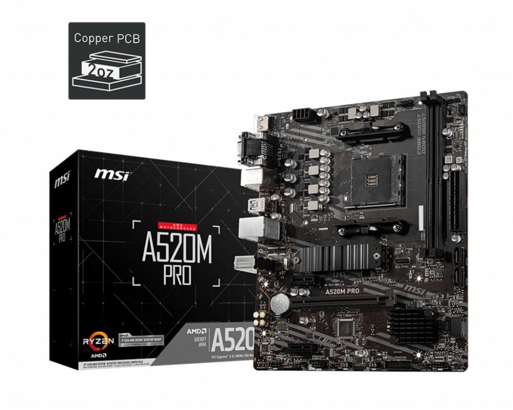 Материнская плата для процессоров Intel MSI  A520M PRO Processor family AMD, Processor socket AM4, DDR4, Memory slots 2, Chipset AMD A, Micro ATX