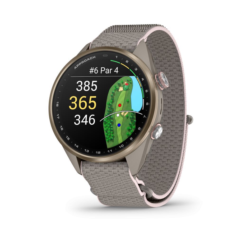 Nutikell Garmin  Approach S72 – 43 mm
Soft Gold/Blush Pink Titanium Bezel with French Grey/Blush Pink ComfortFit Fabric Band