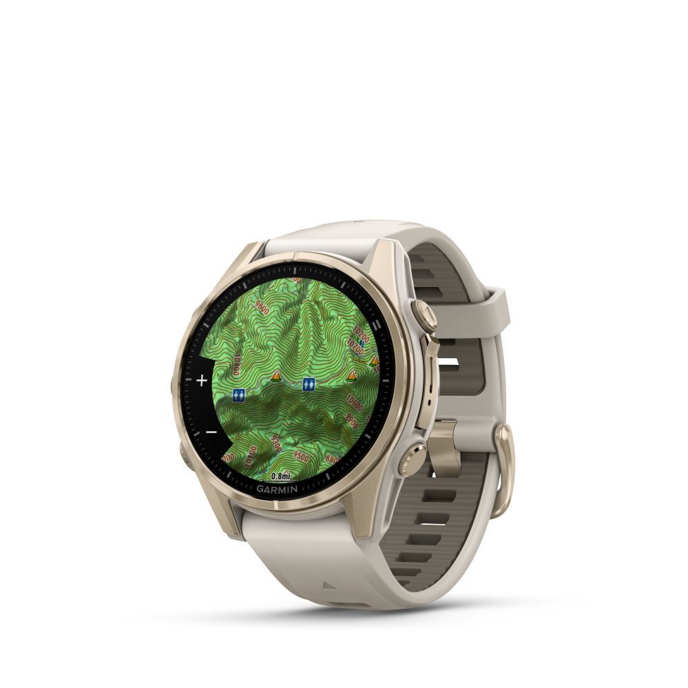 Nutikell Garmin  Fenix 8 – 43 mm, AMOLED Sapphire, Soft Gold with Fog grey/dark sandstone silicone band/ 010-02903-11