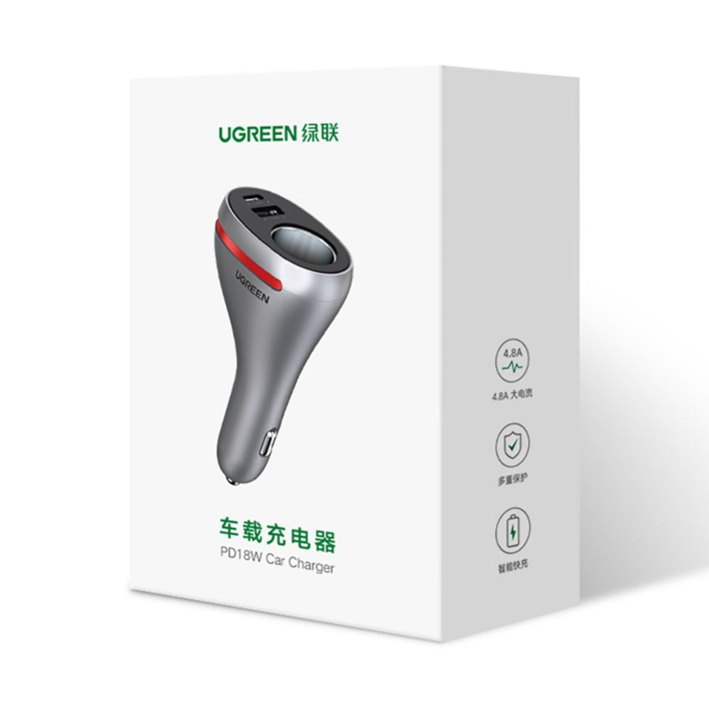 Авто зарядка Ugreen  USB Type C / USB QC PD 24W car charger with 12V cigarette lighter socket silver (CD204)
