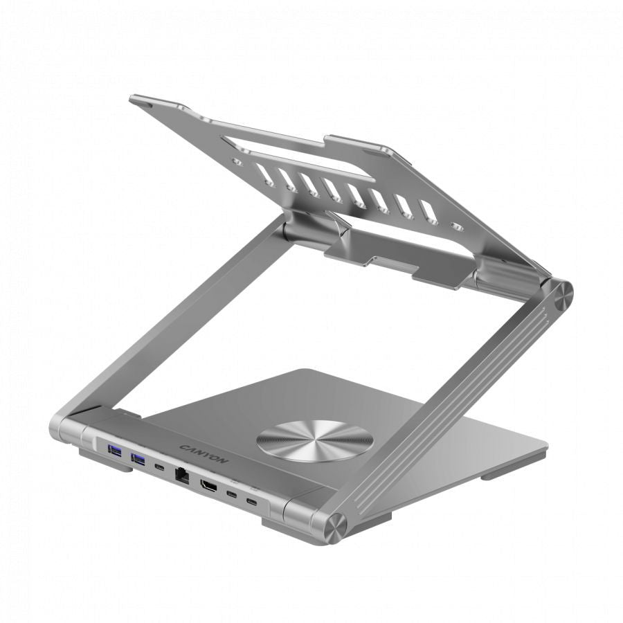 Üleminek Canyon  Canyon Laptop stands with hub, TYPE C F to HDMI2.0+2USB3.0+USBC3.0+RJ45+PD, TYEP C TO C cable 1m white with Emarker: HUSB332A, Material: Aluminum case+ABS+PS, Size: 245x240x27.2+/-0.3mm, Weight:1304g