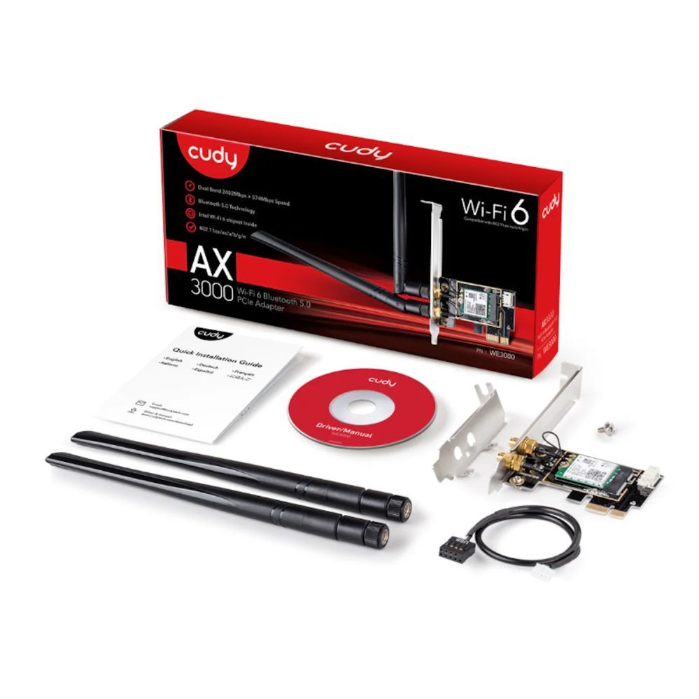 Routers Cudy  WE3000 AirMax AX3000 WiFi 6 Bluetooth 5.0 PCIe Adapter Intel AX200 Dual Band 2 Antennas Black