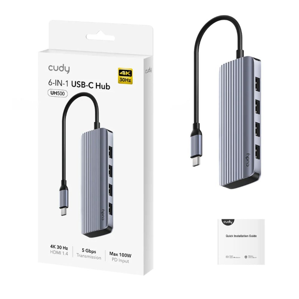 Роутер Cudy  UH500 PortMate USB-C 6-in-1 Hub 4K 30Hz HDMI USB-C PD 4x USB-A 3.0 Aluminum Grey