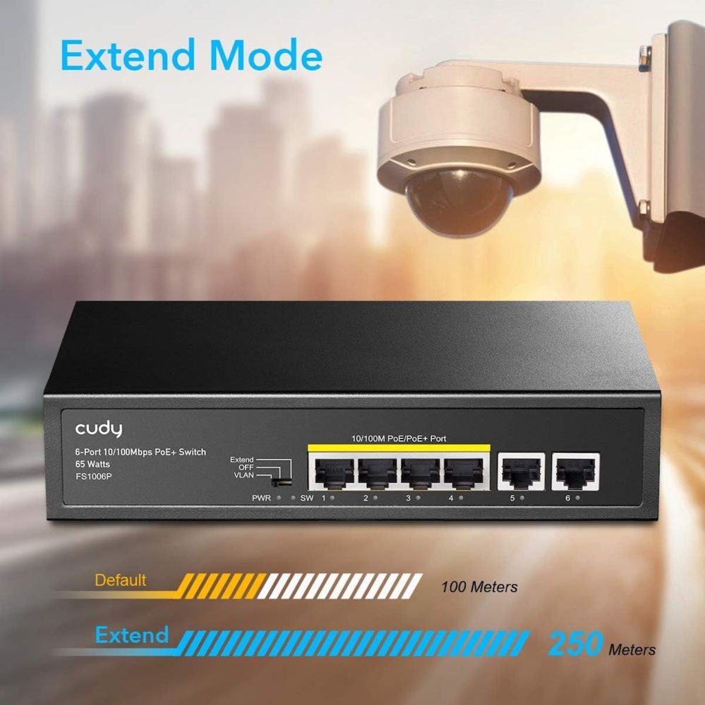 Роутер Cudy  FS1006P NetPower 6-Port 100M PoE+ Switch 4×30W PoE CCTV Mode 250m Watchdog Steel Black