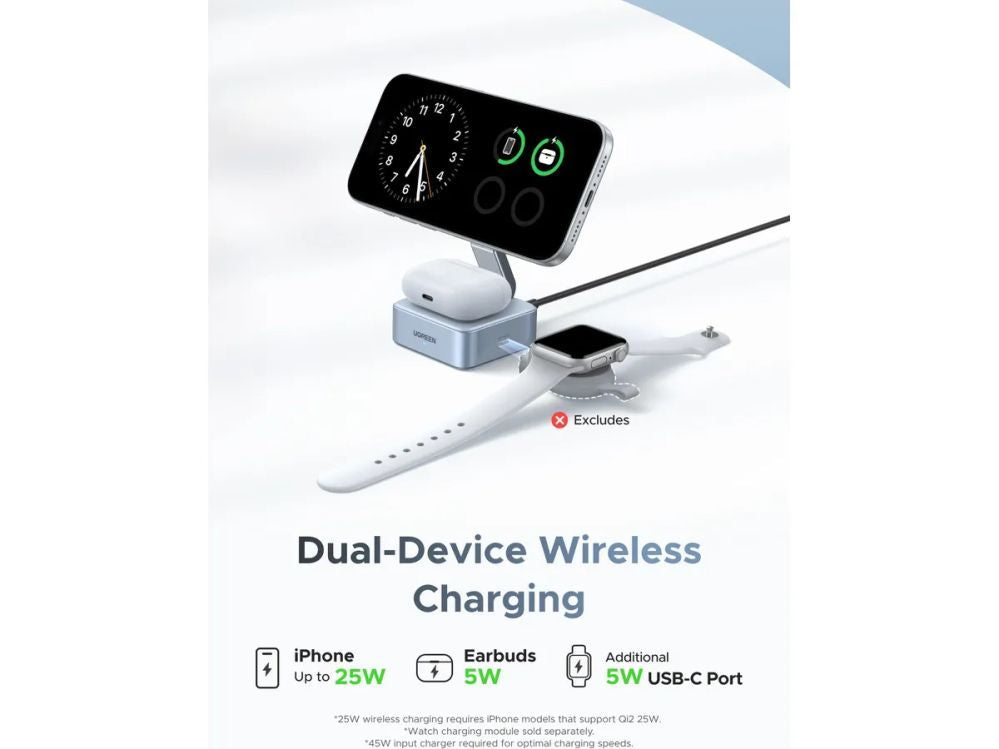 Беспроводное зарядное устройство Ugreen  Magnetic Charger 25W 2-in-1 55960B Wireless, Qi2.2 35W Gray
