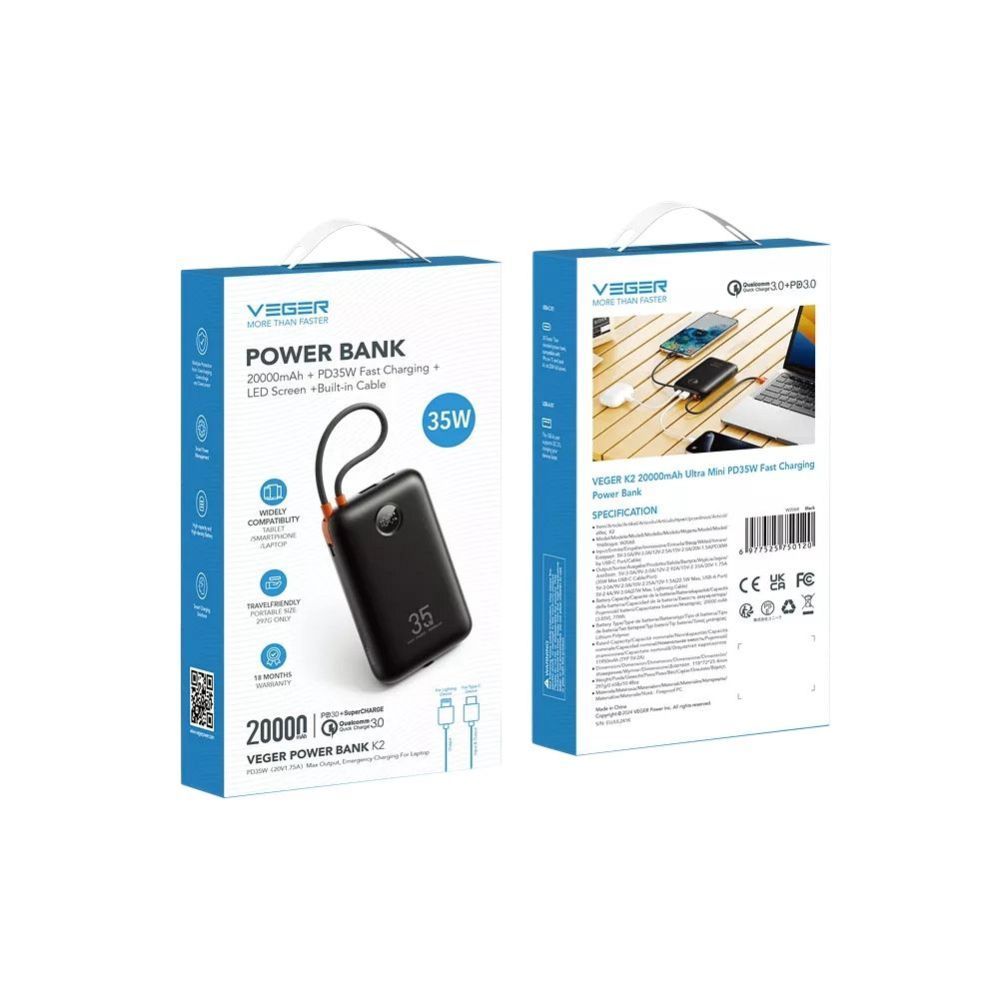Väline aku Veger  Powerbank Veger K2 (W2068) PD QC3.0 35W 20000 mAh with built-in Type C cables / Lightning black