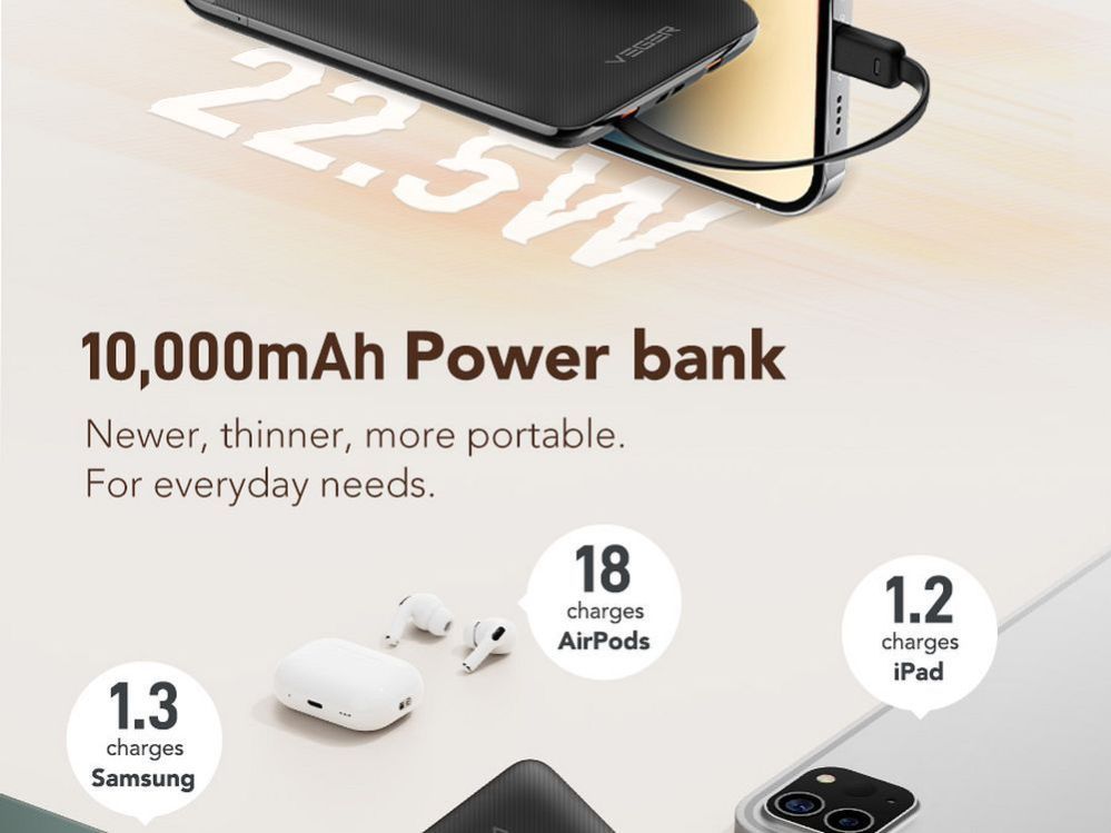 Väline aku Veger  Powerbank Veger C11 (W1170) PD QC3.0 2A 22,5W 10000 mAh with built-in cables USB C / Lightning black