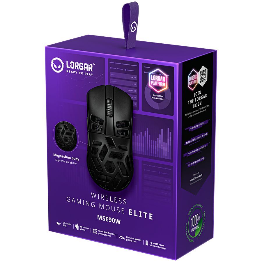 Computer mouse LORGAR  LORGAR MSE90W, Magnesium Alloy Wireless Gaming Mouse Elite, Black