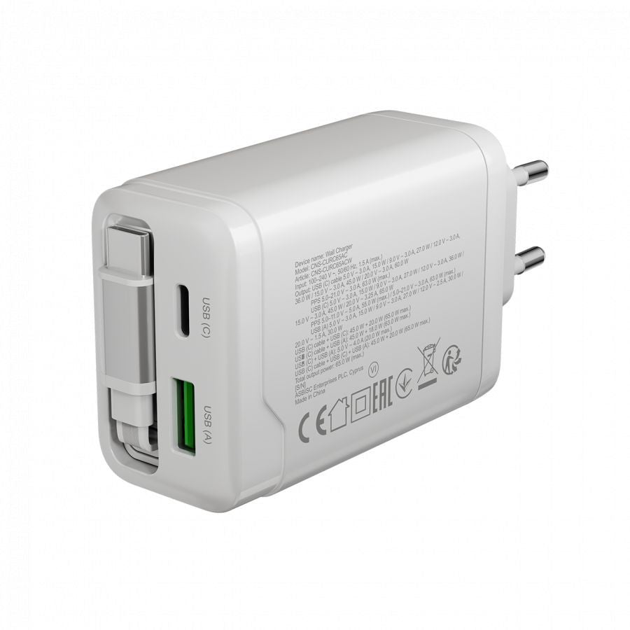 Adaptrid Canyon  CANYON charger OnCharge 65RC Build-In Cable USB-C 65W 1xPD 1xQC EU White