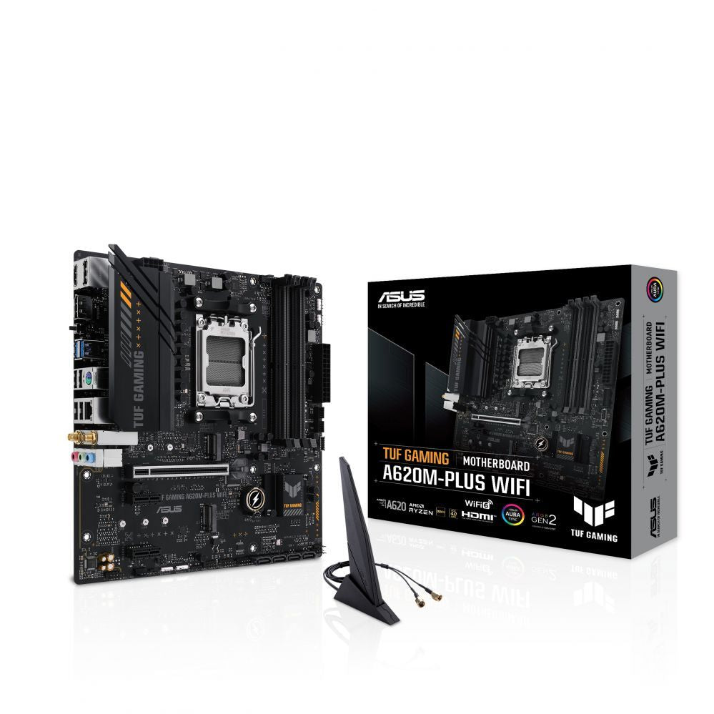 Материнская плата для процессоров Intel Asus  TUF GAMING A620M-PLUS WIFI Processor family AMD, Processor socket AM5, DDR5 DIMM, Memory slots 4, Supported hard disk drive interfaces 	SATA, M.2, Number of SATA connectors 4, Chipset AMD A620,  Micro-ATX