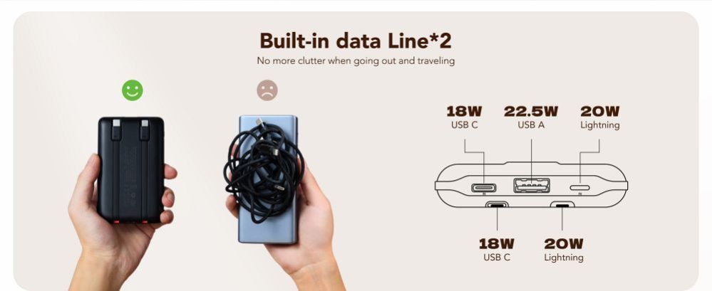 Väline aku Veger  Powerbank Veger C11 (W1170) PD QC3.0 2A 22,5W 10000 mAh with built-in cables USB C / Lightning black