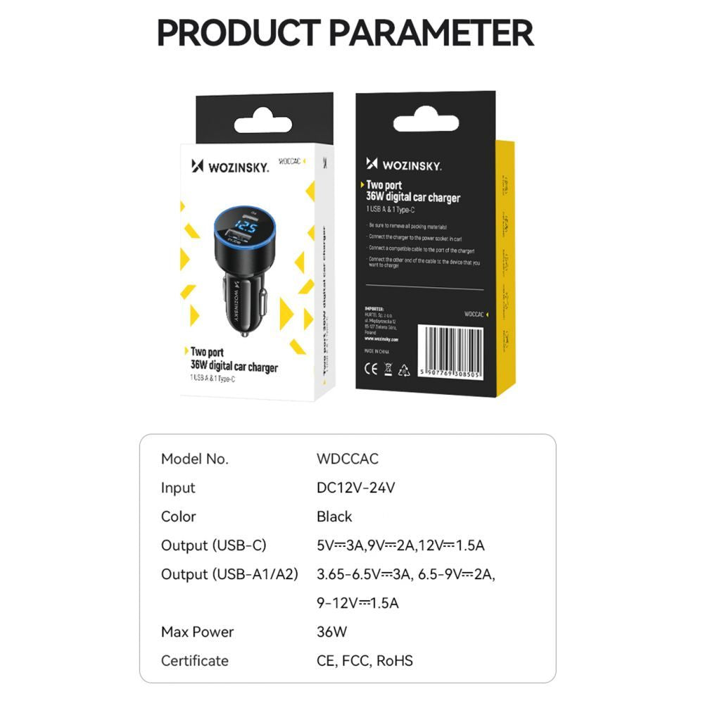 Adapter Wozinsky  Wozinsky WDCCAC USB-C USB-A 36W Car Charger - Black