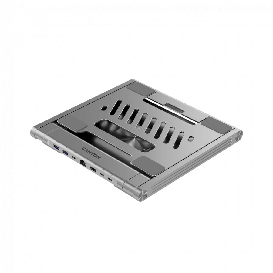 Üleminek Canyon  Canyon Laptop stands with hub, TYPE C F to HDMI2.0+2USB3.0+USBC3.0+RJ45+PD, TYEP C TO C cable 1m white with Emarker: HUSB332A, Material: Aluminum case+ABS+PS, Size: 245x240x27.2+/-0.3mm, Weight:1304g