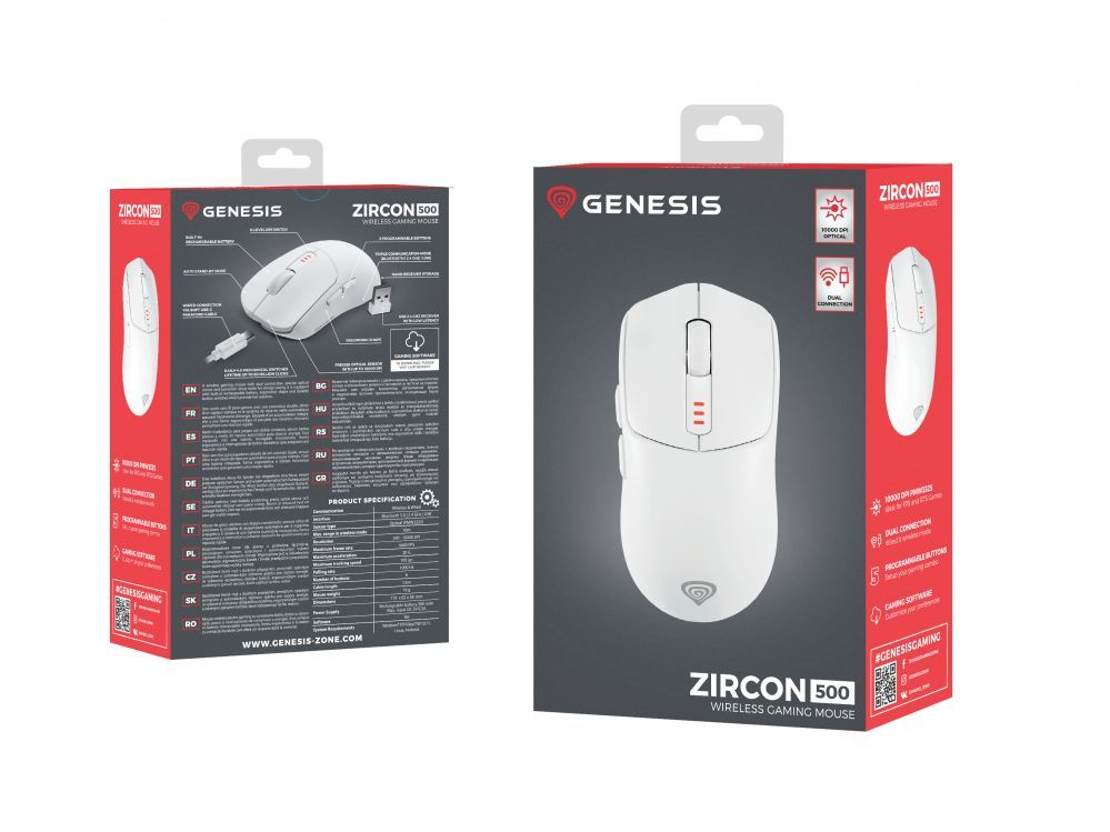 Arvutihiir Genesis  Zircon 500 | Wireless/Wired | Gaming Mouse | 2.4 GHz, Bluetooth, USB | White