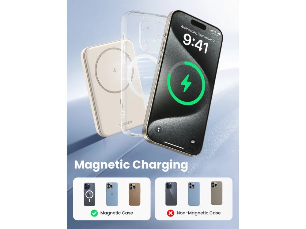 Juhtmeta laadija Ugreen  Magnetic Power Bank 5000mAh 25207 15W, Wireless, Beige Beige