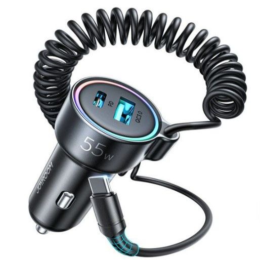 Авто зарядка Joyroom  Fast car charger 3 in 1 with USB Type C cable 1.5m 55W Black