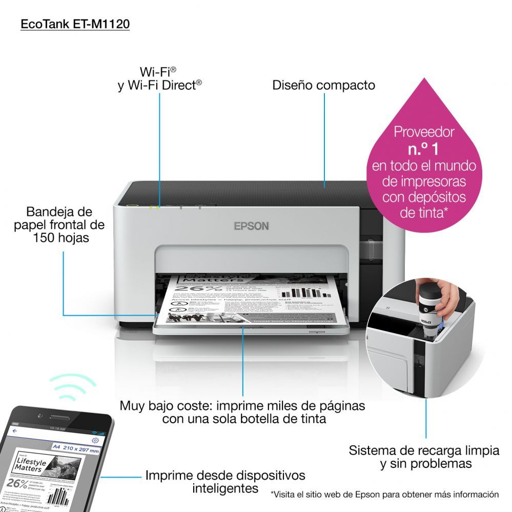 Принтер EPSON  Printer  EcoTank M1120 Mono, Inkjet, Standard, Wi-Fi, A4, Grey