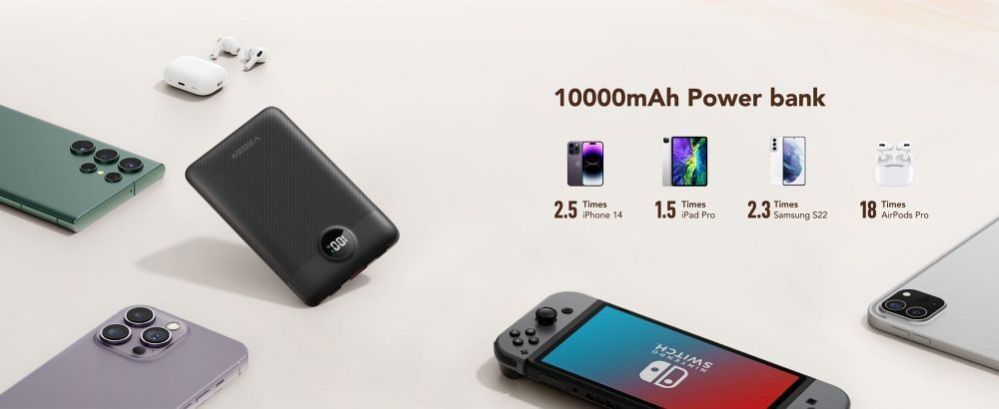 Väline aku Veger  Powerbank Veger C11 (W1170) PD QC3.0 2A 22,5W 10000 mAh with built-in cables USB C / Lightning black