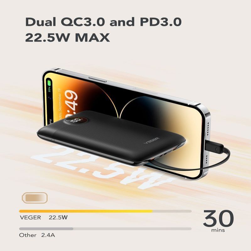 Väline aku Veger  Powerbank Veger C11 (W1170) PD QC3.0 2A 22,5W 10000 mAh with built-in cables USB C / Lightning black