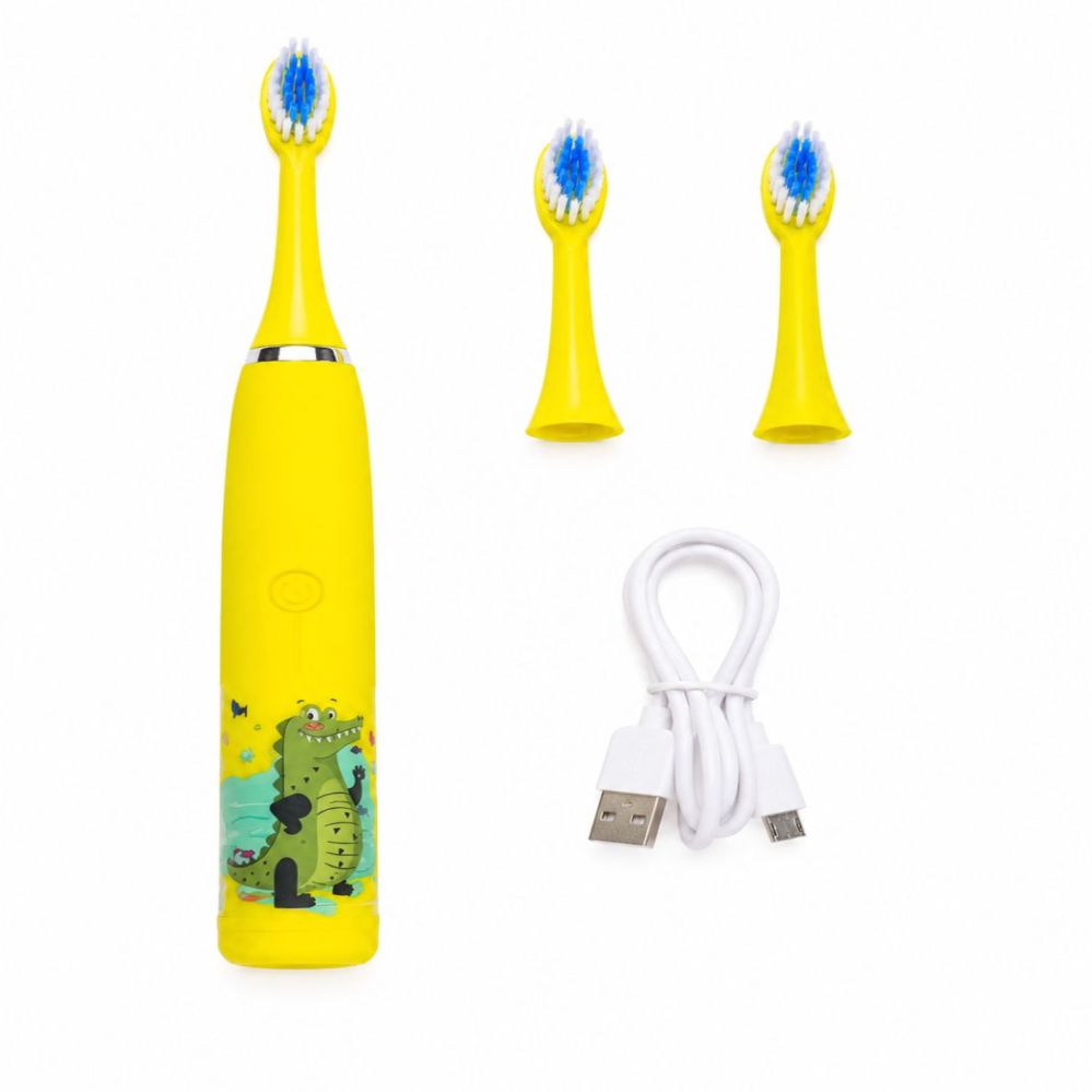 Hambahari iLike  Kids Rechargeable Sonic Electric Toothbrush, USB Charging, 3 Brush Heads (1+2 Replacement Heads), Soft Bristles, Waterproof, Yellow Crocodile Design Yellow