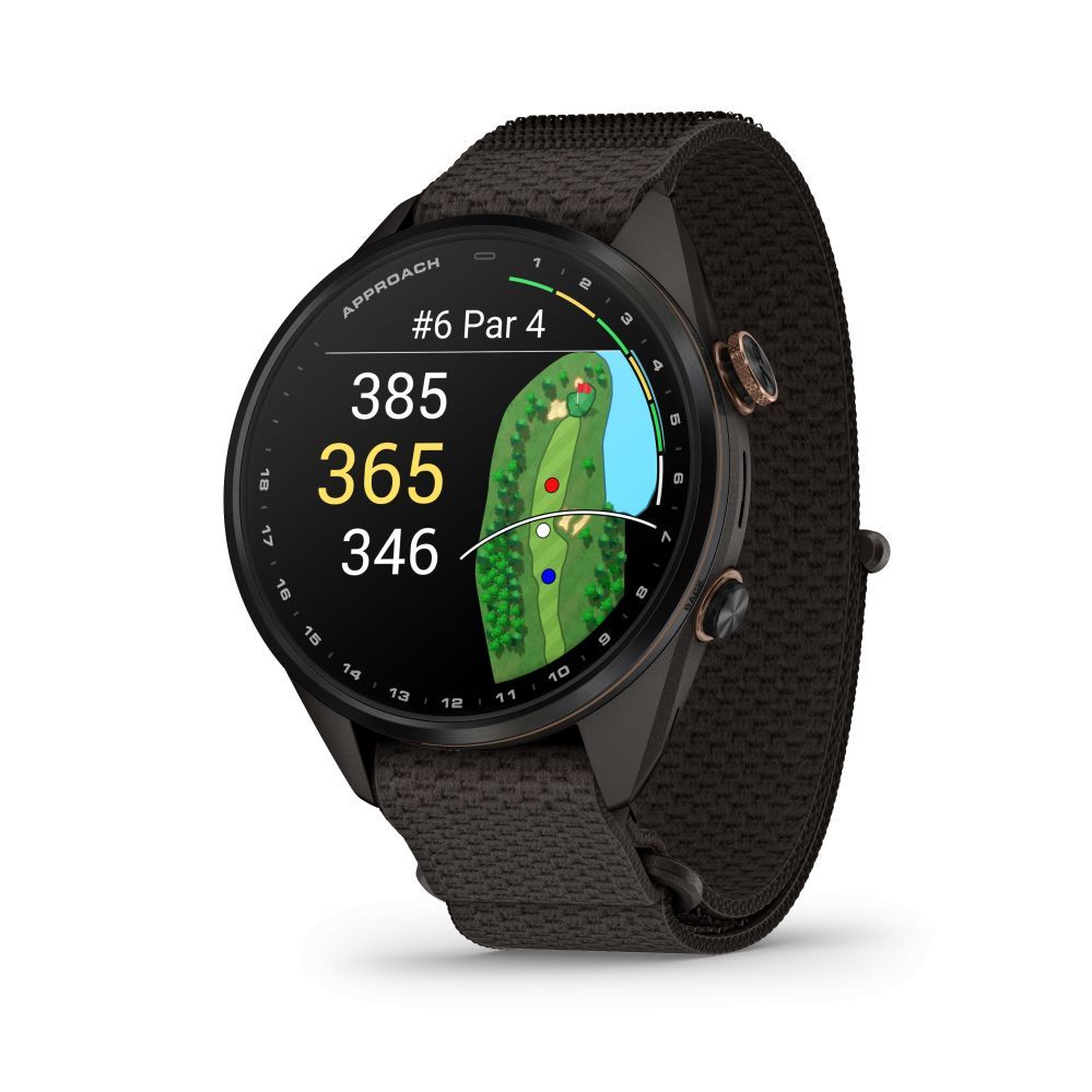 Nutikell Garmin  Approach S72 – 43 mm
Carbon Gray/Heritage Bronze DLC Titanium Bezel with Pebble Grey ComfortFit Fabric Band