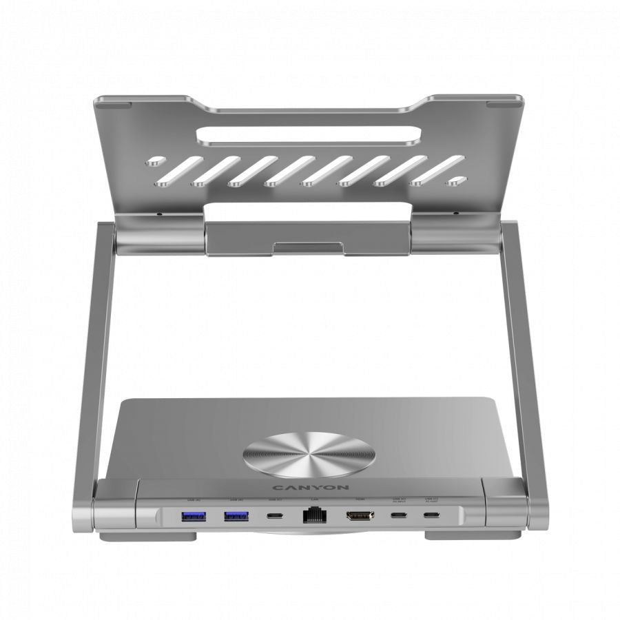 Üleminek Canyon  Canyon Laptop stands with hub, TYPE C F to HDMI2.0+2USB3.0+USBC3.0+RJ45+PD, TYEP C TO C cable 1m white with Emarker: HUSB332A, Material: Aluminum case+ABS+PS, Size: 245x240x27.2+/-0.3mm, Weight:1304g