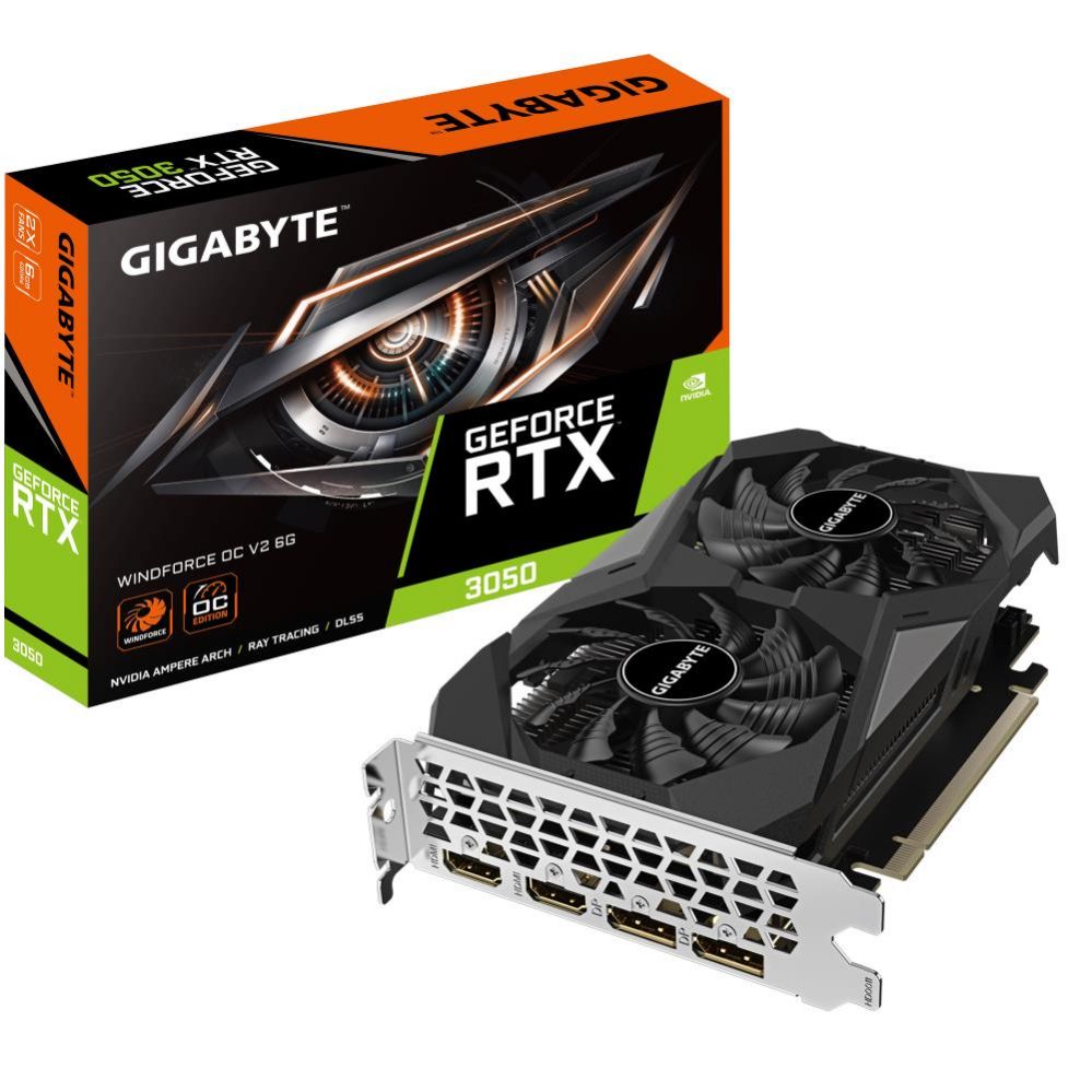 Графическая карта / Видеокарты Gigabyte  Graphics Card||NVIDIA GeForce RTX 3050|6 GB|GDDR6|96 bit|PCIE 4.0 16x|Memory 14000 MHz|GPU 1477 MHz|2xHDMI|2xDisplayPort|GV-N3050WF2OCV2-6GD