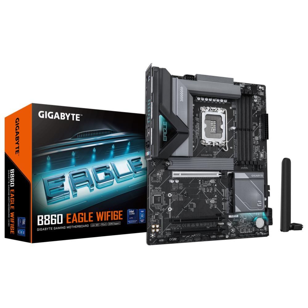Motherboard for Intel processors Gigabyte  Mainboard||Intel B860 Express|LGA1851|ATX|Memory DDR5|Memory slots 4|3xPCI-Express 16x|3xM.2|1xHDMI|1xDisplayPort|1xAudio-In|1xAudio-Out|1xMicrophone|4xUSB 2.0|1xUSB 3.2|1xUSB-C|1xPS/2|1xRJ45|B860EAGLEWIFI6E1.0