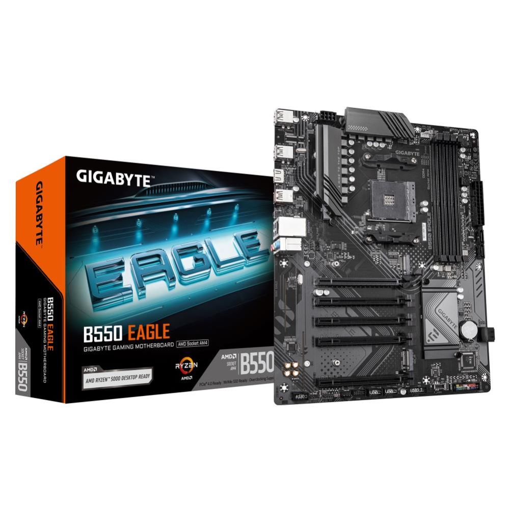 Motherboard for AMD processors Gigabyte Mainboard||AMD B550|SAM4|ATX|Memory DDR4|Memory slots 4|4xPCI-Express 3.0 1x|1xPCI-Express 4.0 16x|2xM.2|1xHDMI|4xUSB 2.0|1xUSB 3.2 type B|2xUSB 3.2|1xUSB-C|1xRJ45|3xAudio port|B550EAGLE1.0
