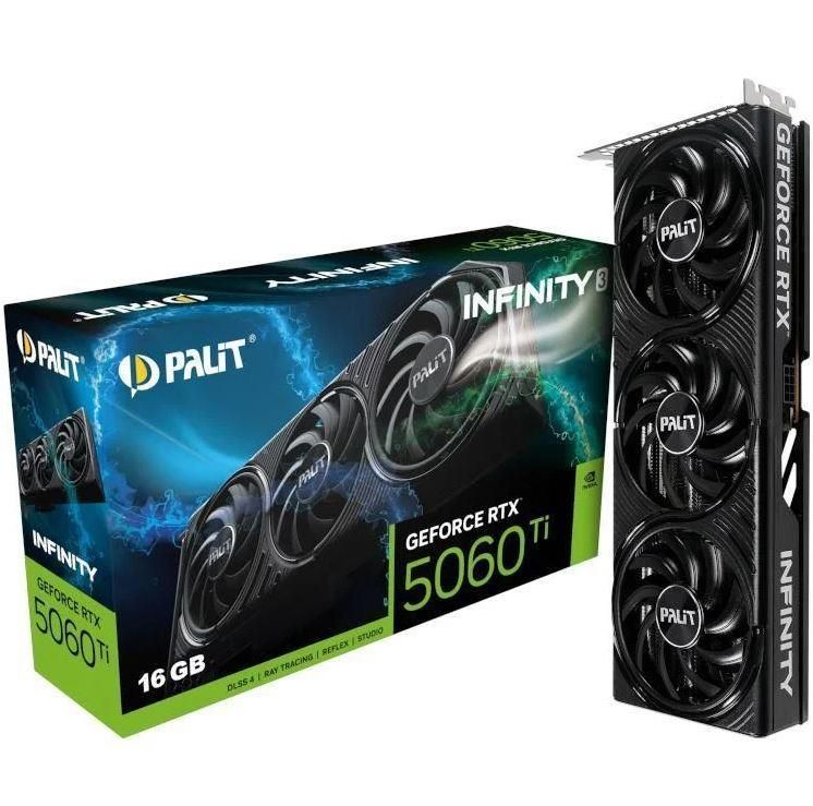 Graafikakaart / ideokaardid Palit  Graphics Card||NVIDIA GeForce RTX 5060 Ti|16 GB|GDDR7|128 bit|PCIE 5.0 16x|Memory 1750 MHz|Triple slot Fansink|1xHDMI|3xDisplayPort|NE7506T019T1-GB2061S