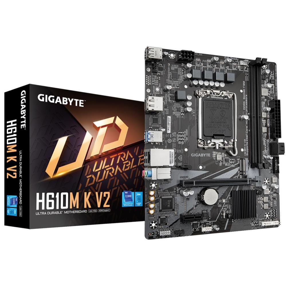 Motherboard for Intel processors Gigabyte  Mainboard||Intel H610|LGA1700|Micro-ATX|Memory DDR5|Memory slots 2|1xPCI-Express 3.0 1x|1xPCI-Express 4.0 16x|1xM.2|1xHDMI|1xDisplayPort|4xUSB 2.0|2xUSB 3.2|1xPS/2|1xRJ45|3xAudio port|H610MKV2