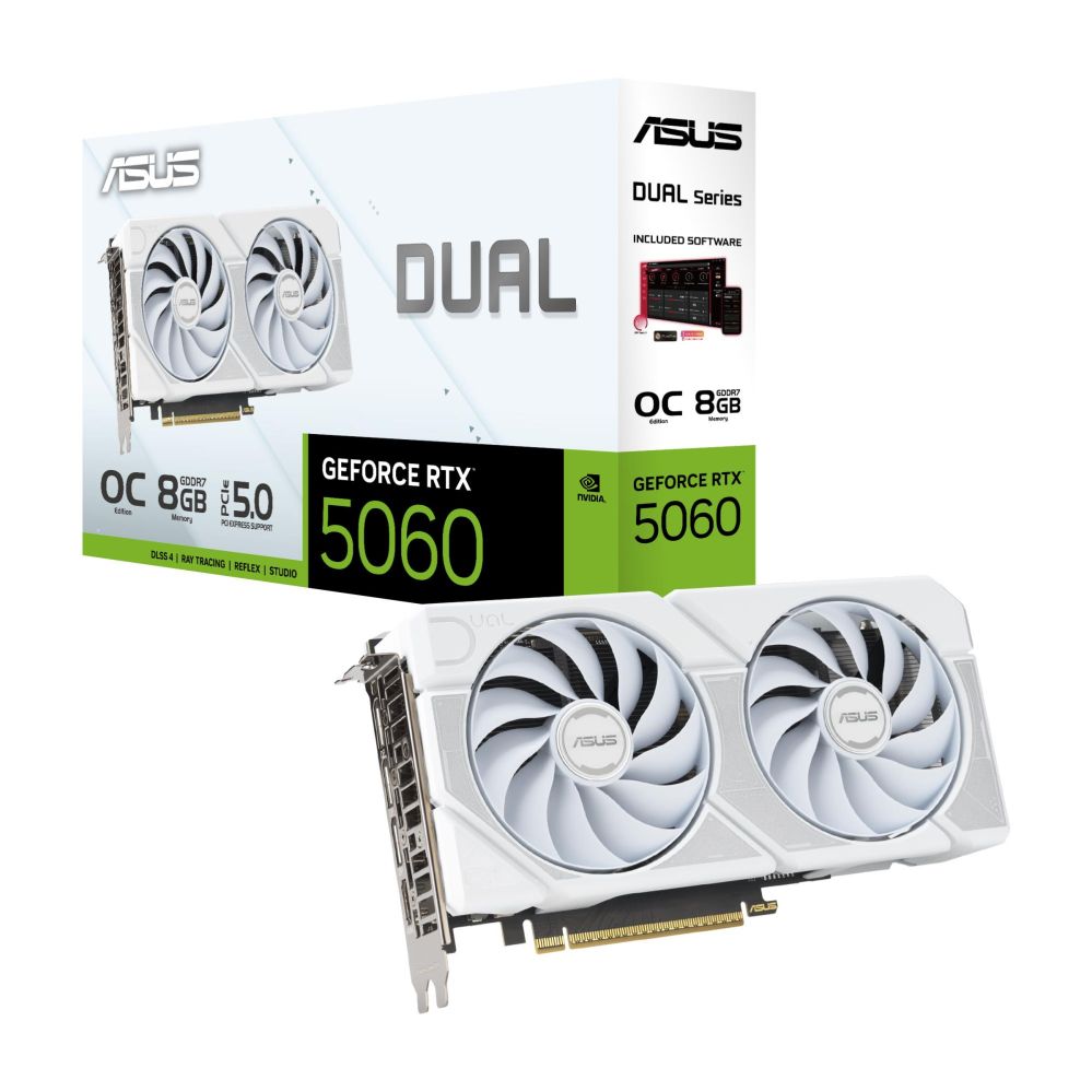 Graphic card / Video cards Asus  Graphics Card||NVIDIA GeForce RTX 5060|8 GB|GDDR7|128 bit|PCIE 5.0 16x|Dual Slot Fansink|DUAL-RTX5060-O8G-WHITE