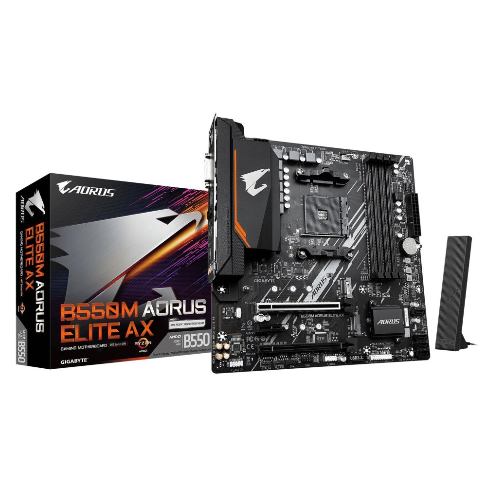 AMD protsessori emaplaat Gigabyte  Mainboard||AMD B550|Socket AM4|micro ATX|RAM DDR4-SDRAM|4xSlots|Wi-Fi Yes|Bluetooth Yes|2xNumber of M.2 (M) slots|B550M AORUS ELITE AX (REV. 1.4)|B550MAORUSELITEAX1.4