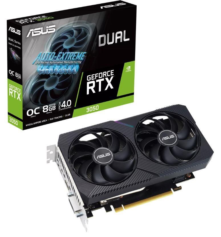 Graphic card / Video cards Asus  Graphics Card||NVIDIA GeForce RTX 3050|8 GB|GDDR6|128 bit|PCIE 4.0 16x|Dual Slot Fansink|1xDVI-D|1xHDMI|1xDisplayPort|DUAL-RTX3050-O8G-V2