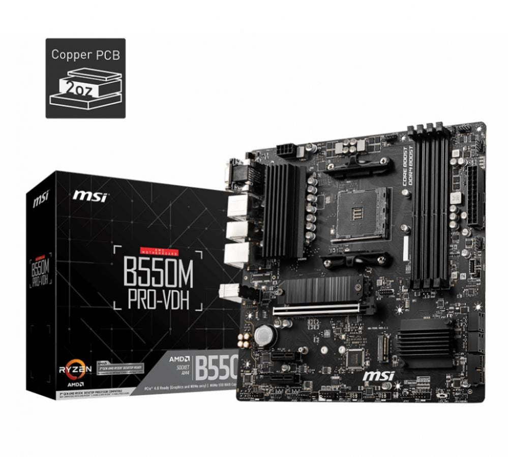AMD protsessori emaplaat MSI  Mainboard||AMD B550|SAM4|MicroATX|Memory DDR4|Memory slots 4|2xPCI-Express 3.0 1x|1xPCI-Express 4.0 16x|2xM.2|1x15pin D-sub|1xHDMI|1xDisplayPort|2xAudio-In|1xAudio-Out|2xUSB 2.0|4xUSB 3.2|1xPS/2|1xRJ45|B550MPRO-VDH