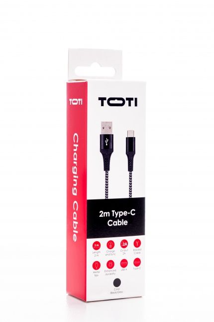 Cable seek toti  SEEK TOTI USB A to Type-C, 2m Braided Cable 2A, Black/Space grey