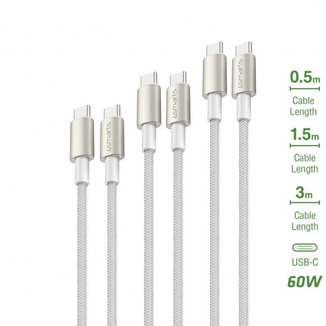 Cable 4smarts  USB-C to USB-C PremiumCord 60W Set of 3 0.5M+1.5M+3M white / silver
