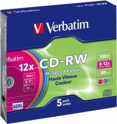 Другой аксессуар для компьютера Verbatim  Matricas CD-RW SERL Verbatim 700 MB 8x-12X Colour, 5 Pack Slim