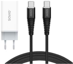 Адаптер SAVIO  Lādētājs Savio GaN 65W + USB Type-C - USB Type-C 1m Cable