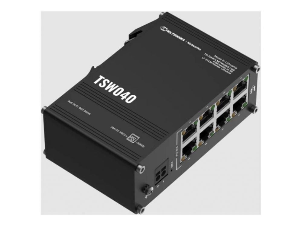 Сервер - Прочие аксессуары Teltonika  TSW040 Unmanaged 8-port PoE+Industrial Switch, 2-pin industrial DC power socket, 7 – 57 VDC, PoE-out 44-57 VDC, DIN rail bracket