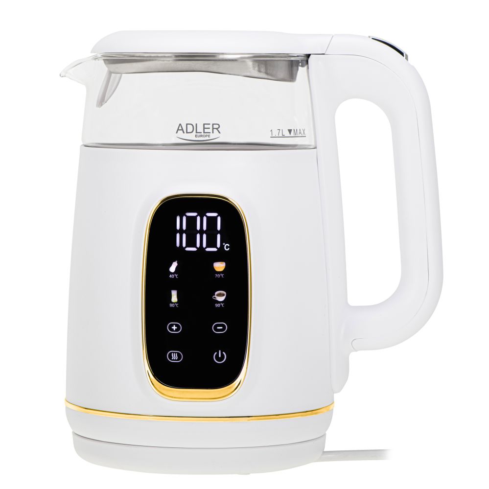 Чайник Adler  Kettle with LED Display | AD 1305 | Electric | 2200 W | 1.7 L | Plastic | 360° rotational base | White/Gold