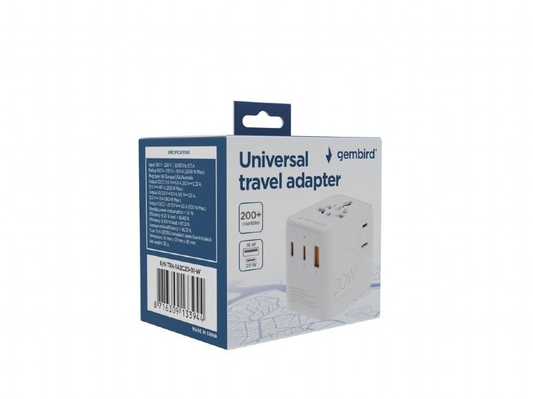 Adaptrid Gembird  TPA-1A2C20-01-W Universal travel power adapter, 20 W, white |