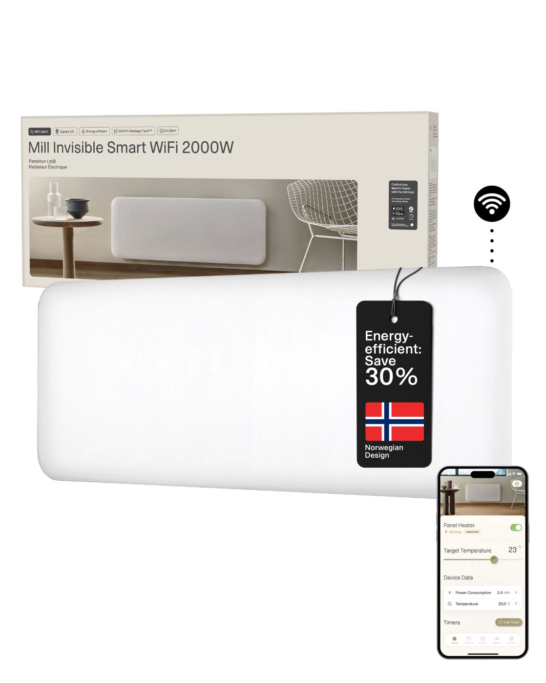 Radiaator Mill  Invisible Smart WiFi Heater | PA2000WIFI4 | Panel Heater | 2000 W | Suitable for rooms up to 24-28 m² | White | IPX4