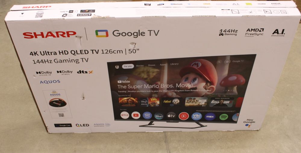 TV Sharp  SALE OUT.  50HR7265E 50" (126cm) QLED 144Hz 4K Ultra HD Google TV, Dolby Vision, Dolby Atmos, Central Stand |  50HR7265E | 50 | Smart TV | Google TV | Black | DAMAGED PACKAGING