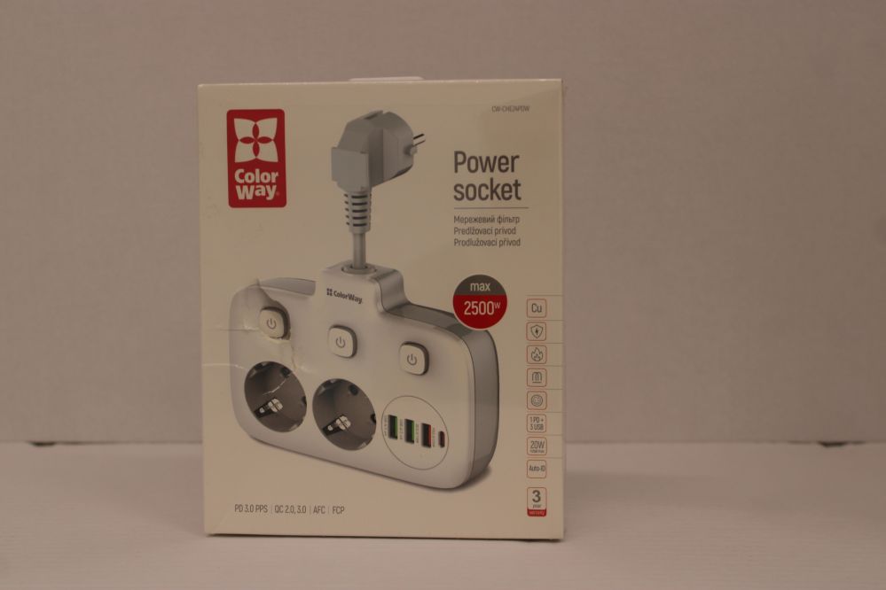 Кабель ColorWay  SALE OUT.  CW-CHE24PDW Power Socket: 2xEU plugs/3xUSB-A/1xUSB-C White 2.5M |  Power Socket | CW-CHE24PDW | DAMAGED PACKAGING