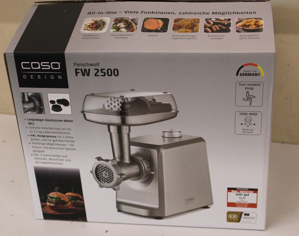 Meat grinder Caso  SALE OUT.  Meat Mincer | FW 2500 | Stainless Steel | 2500 W | Number of speeds 2 | Throughput (kg/min) 2.5 | 3 stainless steel cutting plates (3 mm, 5 mm and 8 mm), Sausage filler, Cookie attachment with 4 moulds, Stuffer | DEMO
