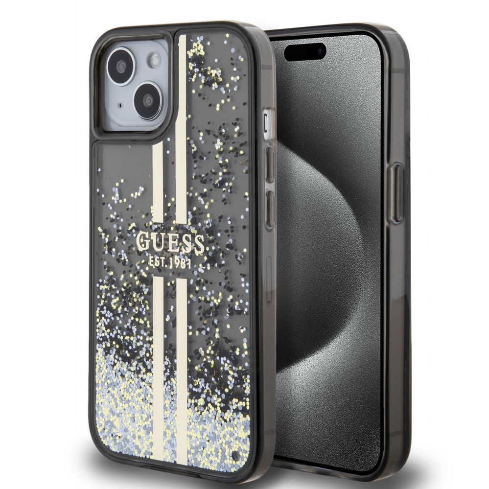 Tagakaaned Guess Apple Guess PC/TPU Liquid Glitter Gold Stripe Case for iPhone 15 Black