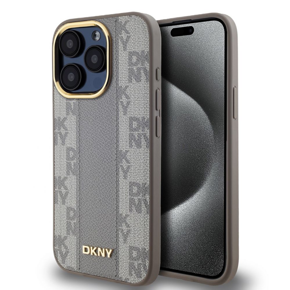 Tagakaaned DKNY Apple DKNY PU Leather Checkered Pattern Magsafe Case for iPhone 15 Pro Beige